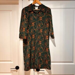 Vintage Darian Green Equestrian Print Shirt Dress Women's 12 Old Money Heritage